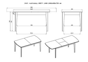 Stoły MONTY schemat techniczny 140(190)x80xh75 cm