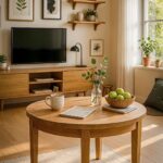 Stół dębowy okrągły rozkładany "MIO" z  śr. 120 cm z jedną dokładką