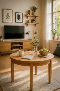 Stół dębowy okrągły rozkładany "MIO" z  śr. 120 cm z jedną dokładką