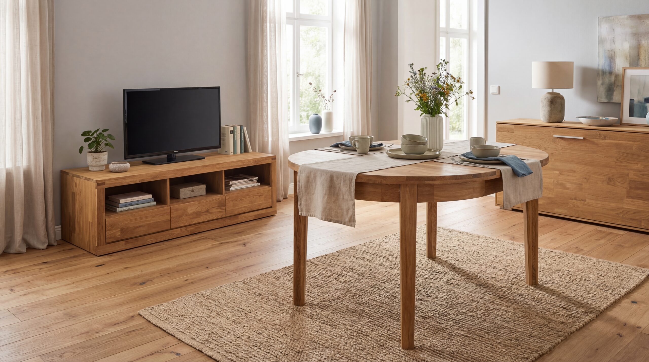 Stół dębowy okrągły rozkładany „MIO” śr. 100 cm z jedną dokładką