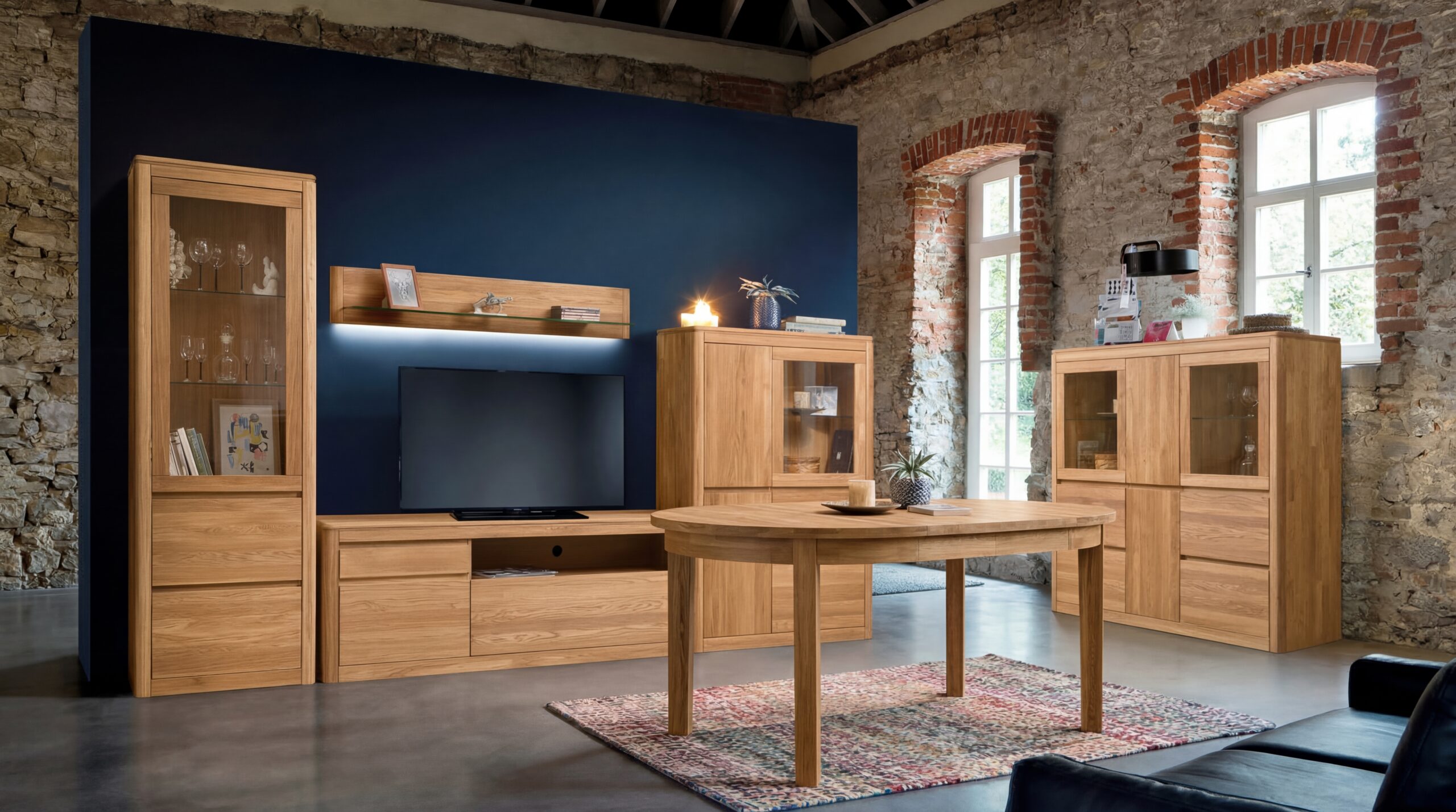 Stół dębowy okrągły rozkładany „MIO” śr. 100 cm z jedną dokładką